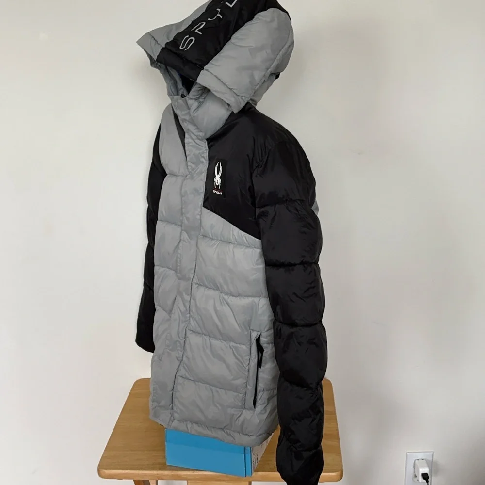 Spyder Silver and Black Hooded Puffer Jacket Size 16